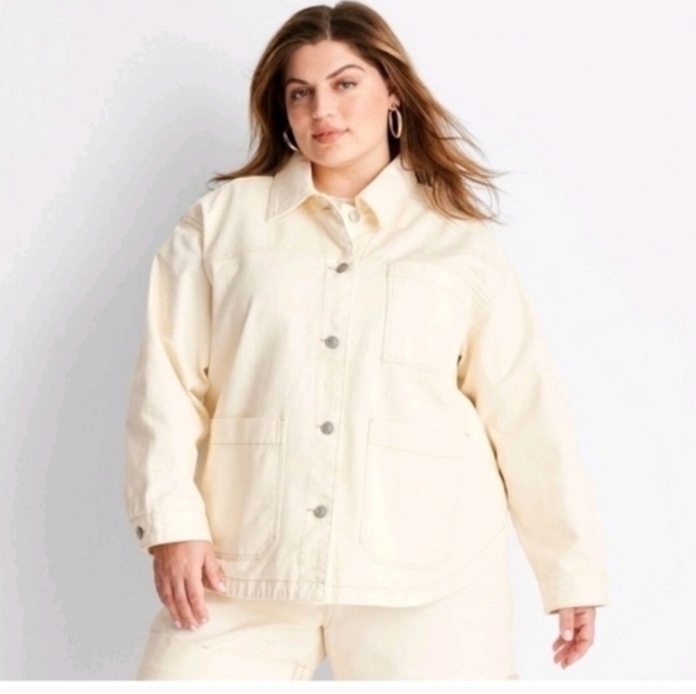 Future Collective Cream Oversized Contrast Stitch Denim Jacket
